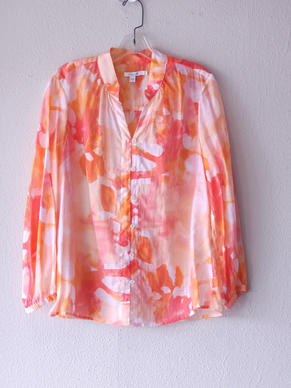 Chico's Pink, Coral & Orange Watercolor Button-Front Blouse Chico's Size 1.5